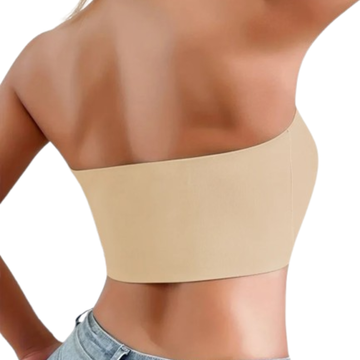 Beige strapless top worn by a person on a white background