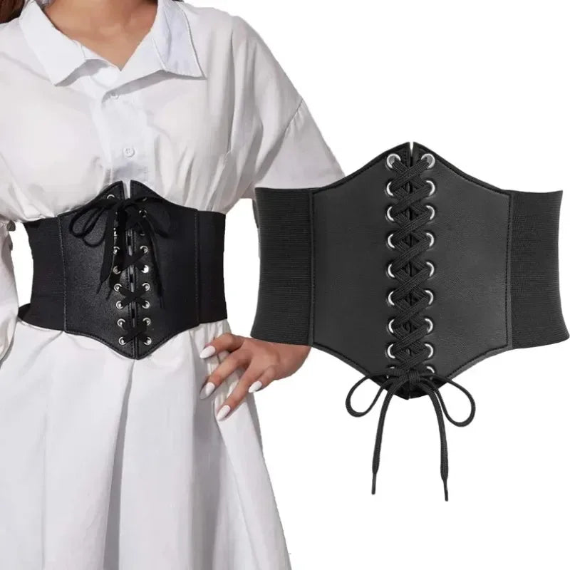 Elegant black vintage lace corset belt with adjustable lace-up closure