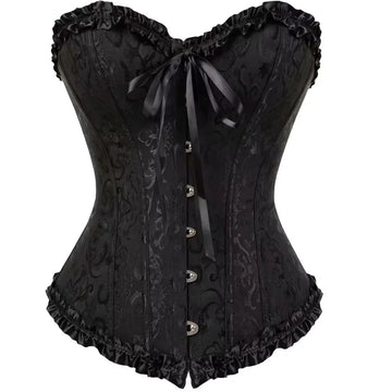 Black adjustable corset shapewear with ribbon tie and button detail